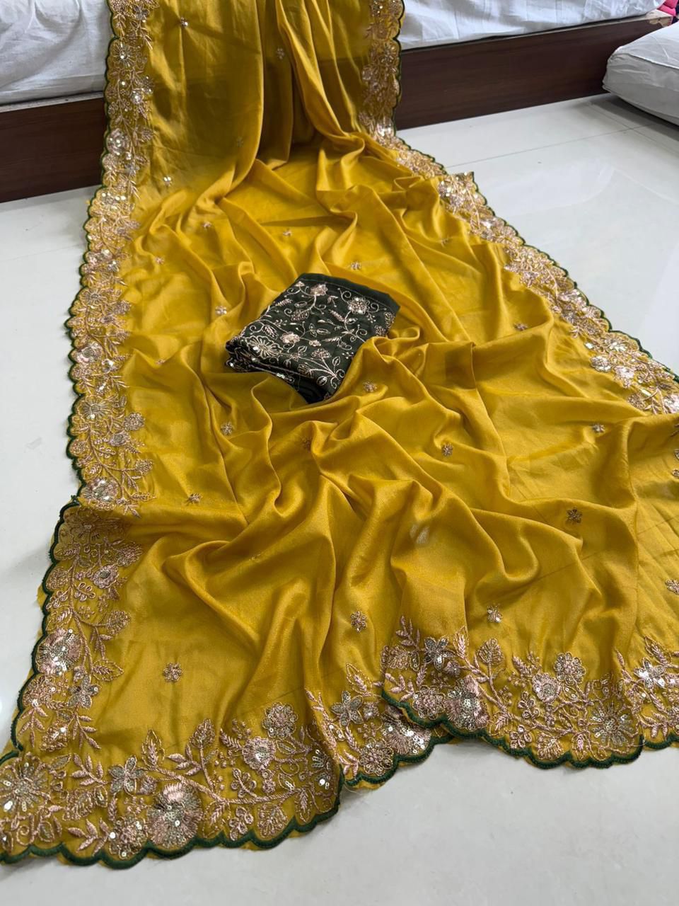 Lime Yellow Star Georgette Sequence Work Saree