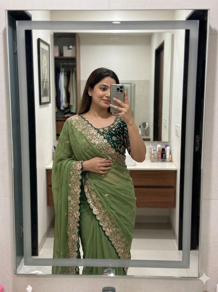 Mint Green Star Georgette Sequence Work Saree