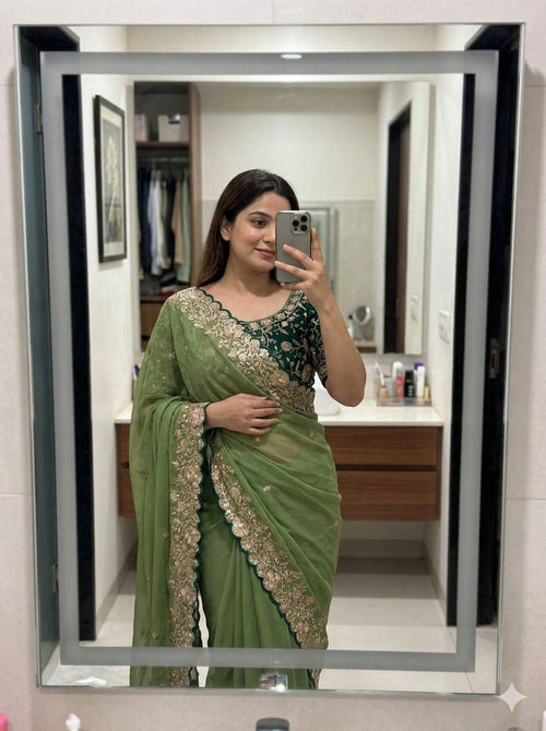 Mint Green Star Georgette Sequence Work Saree