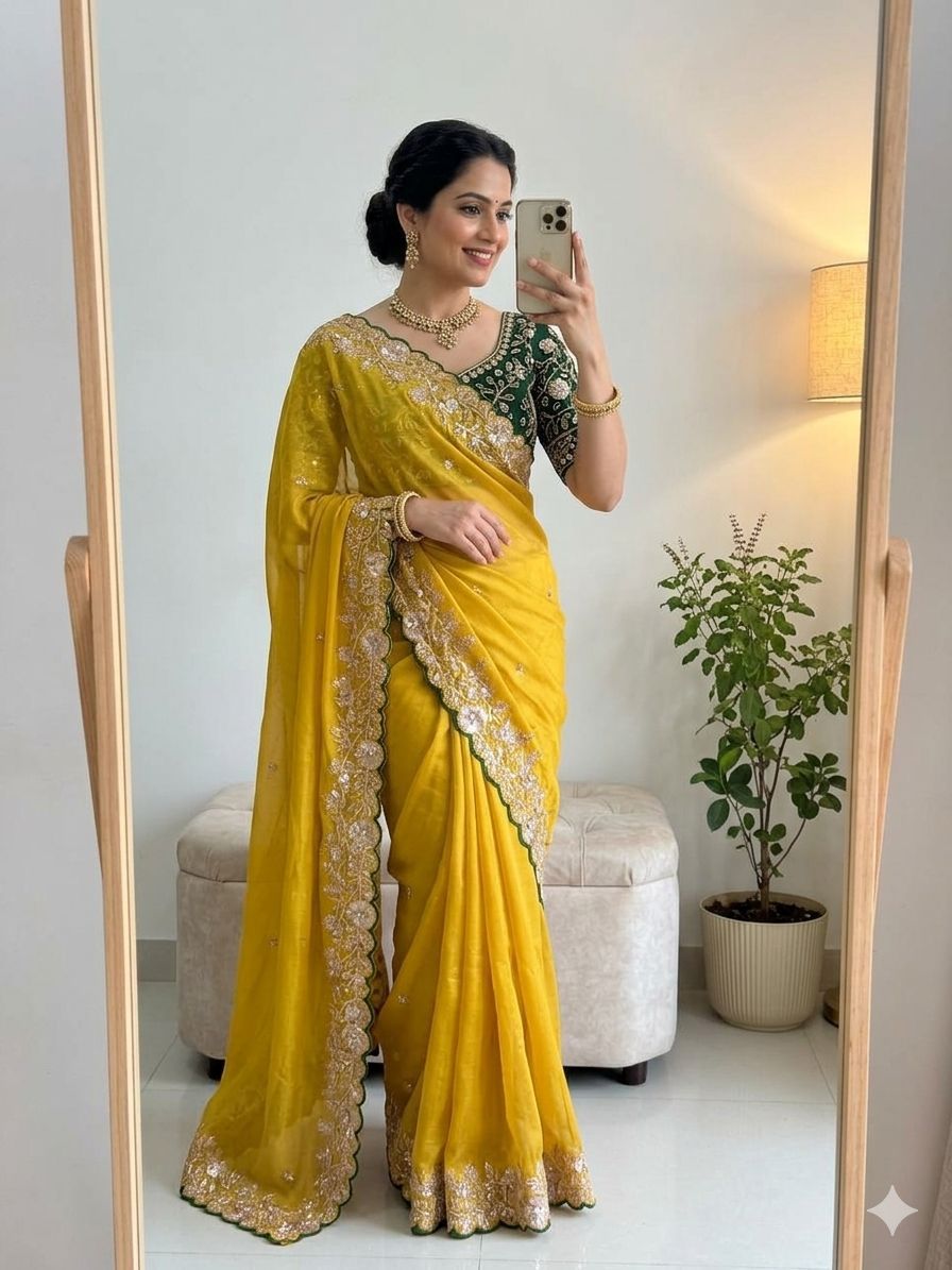 Lime Yellow Star Georgette Sequence Work Saree