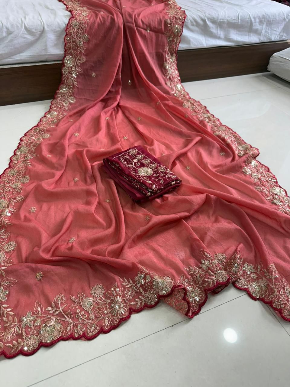 Peach Star Georgette Sequence Work Saree