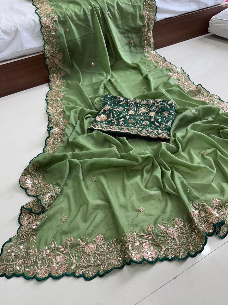 Mint Green Star Georgette Sequence Work Saree