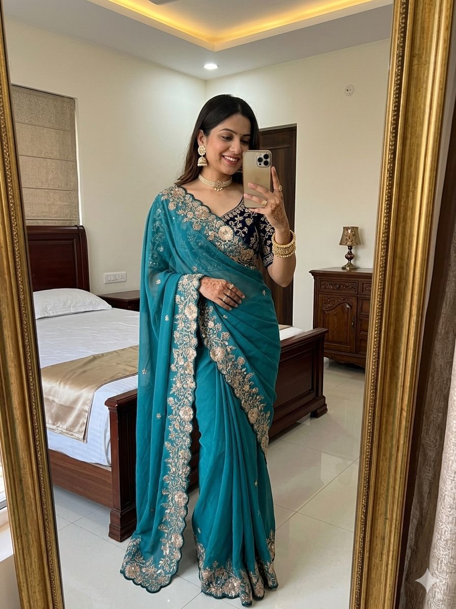 Sea Blue Star Georgette Sequence Work Saree