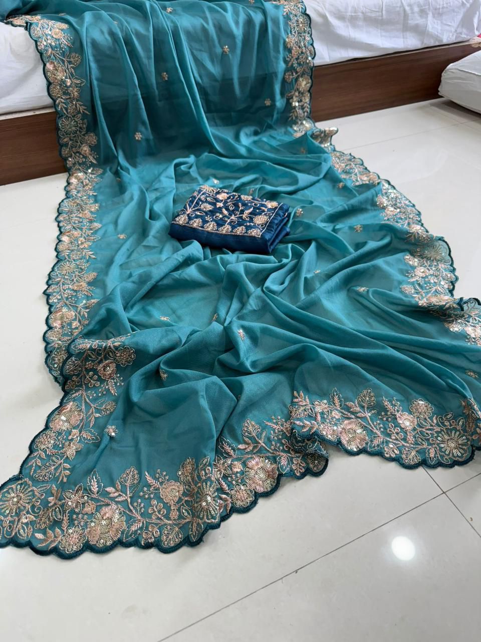 Sea Blue Star Georgette Sequence Work Saree