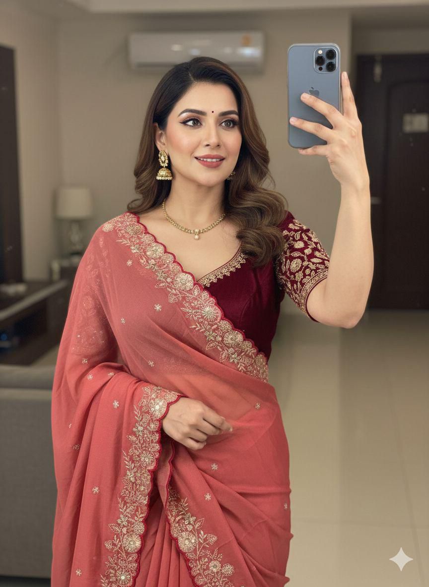 Peach Star Georgette Sequence Work Saree