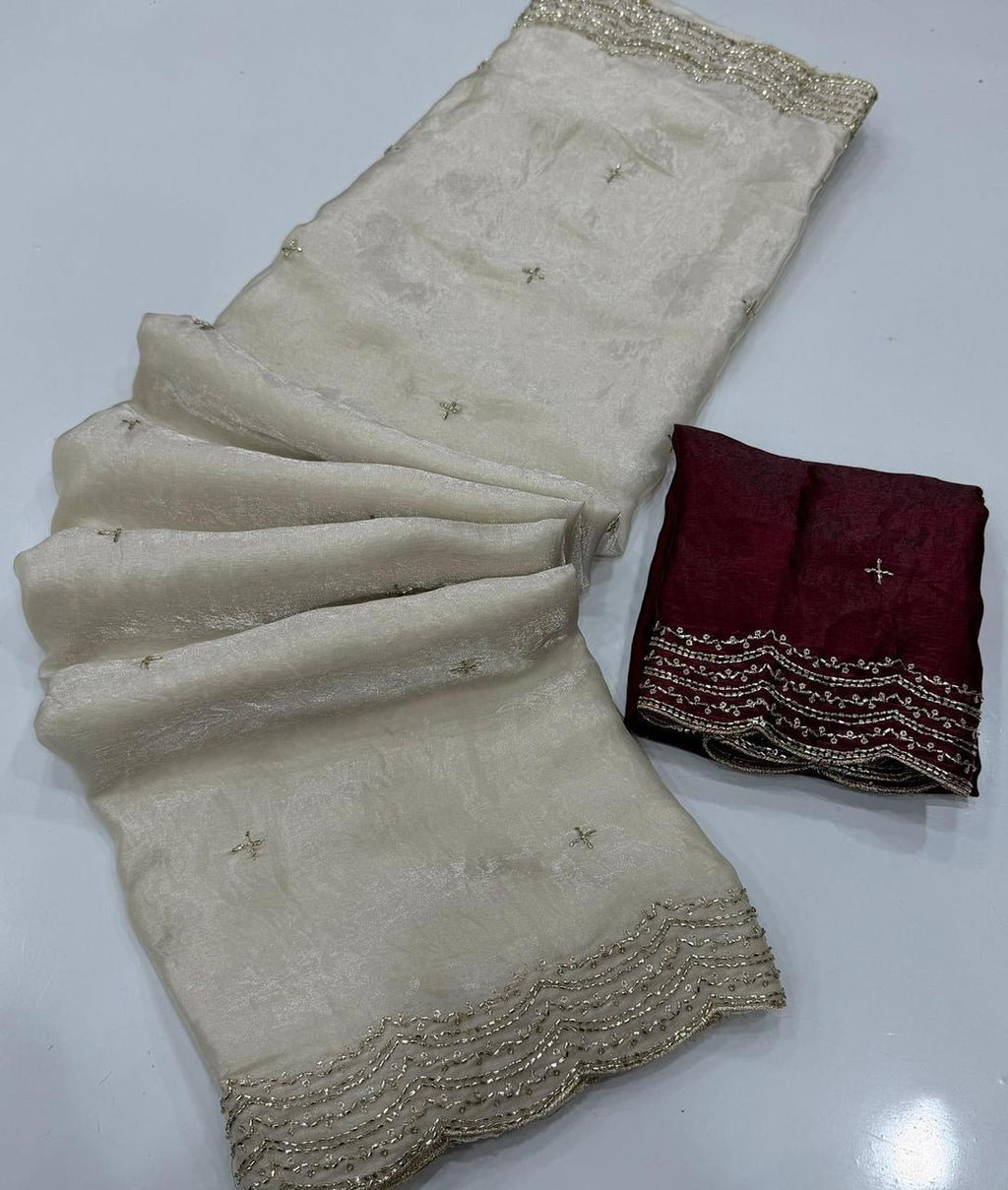 Off -White Space Silk Bits Sequence Work Saree