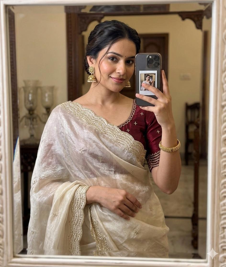 Off -White Space Silk Bits Sequence Work Saree
