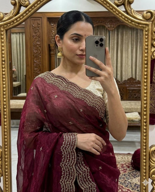 Maroon Space Silk Bits Sequence Work Saree