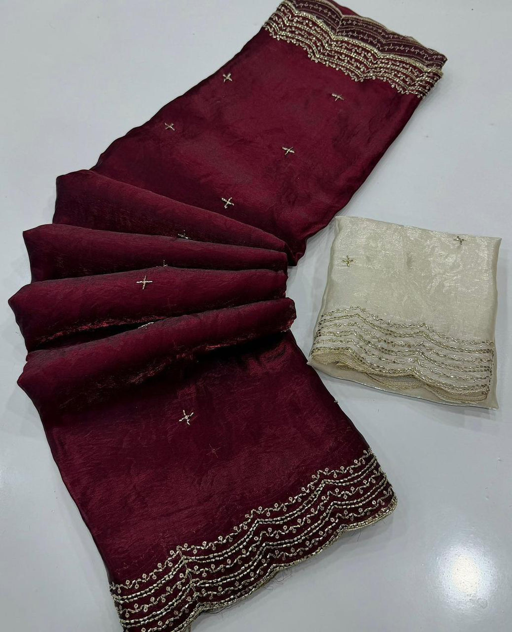 Maroon Space Silk Bits Sequence Work Saree