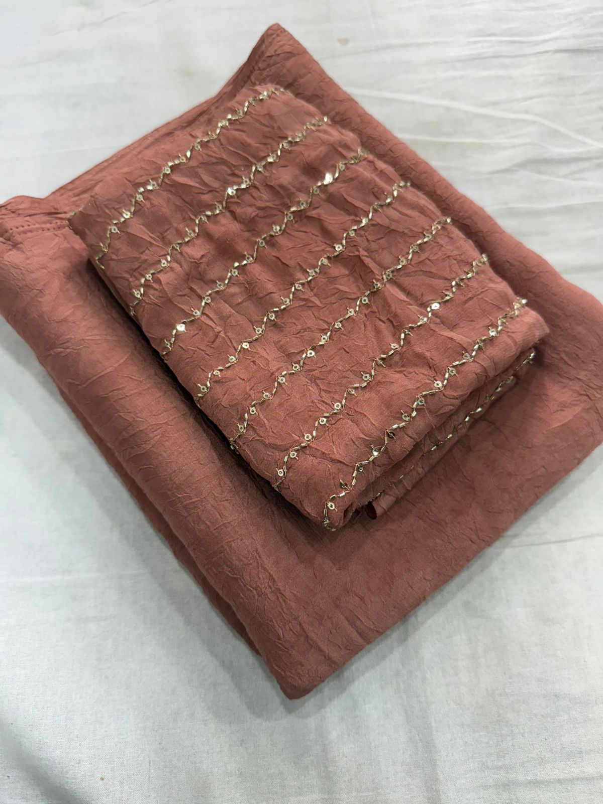Moch Brown Rangoli Crush Saree With Sequence Bits Blouse