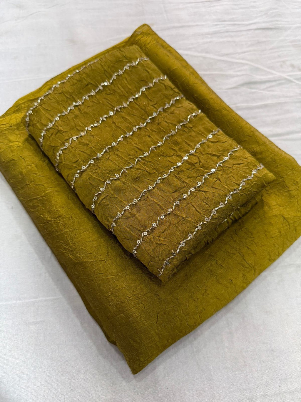 Lime Yellow Rangoli Crush Saree With Sequence Bits Blouse