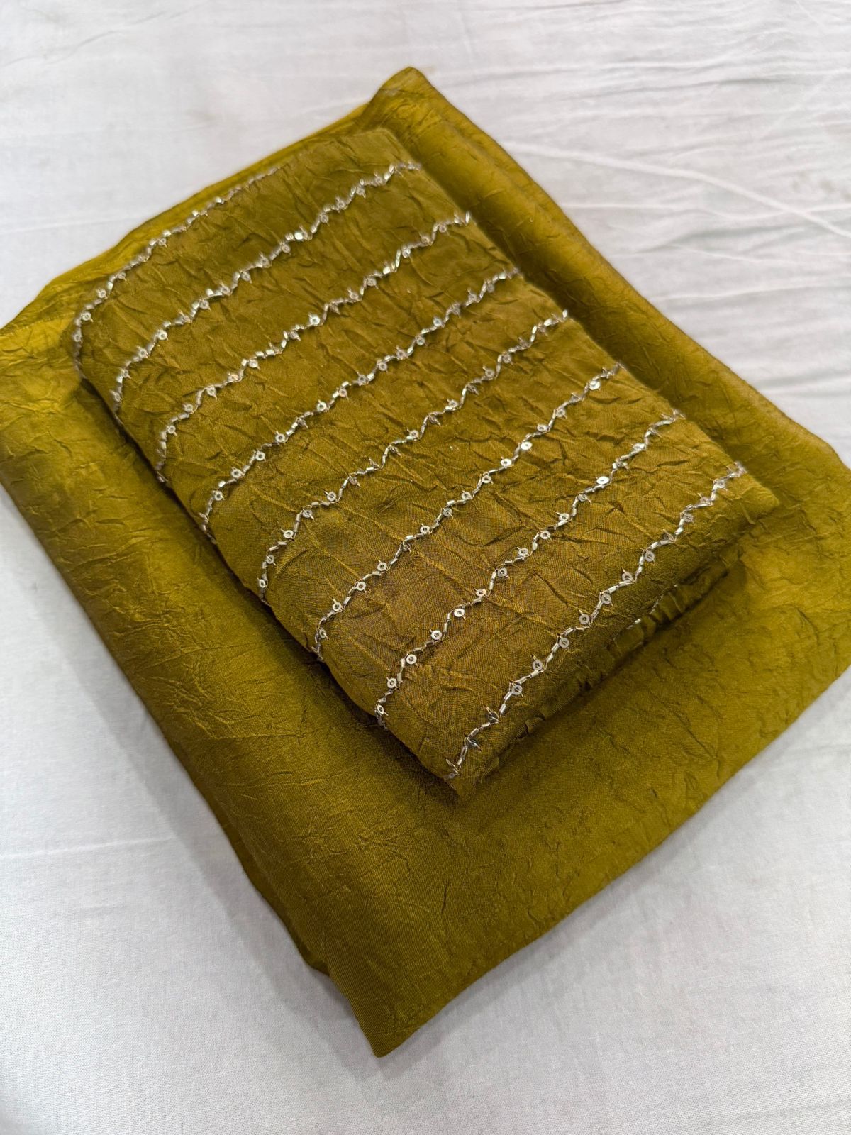 Lime Yellow Rangoli Crush Saree With Sequence Bits Blouse