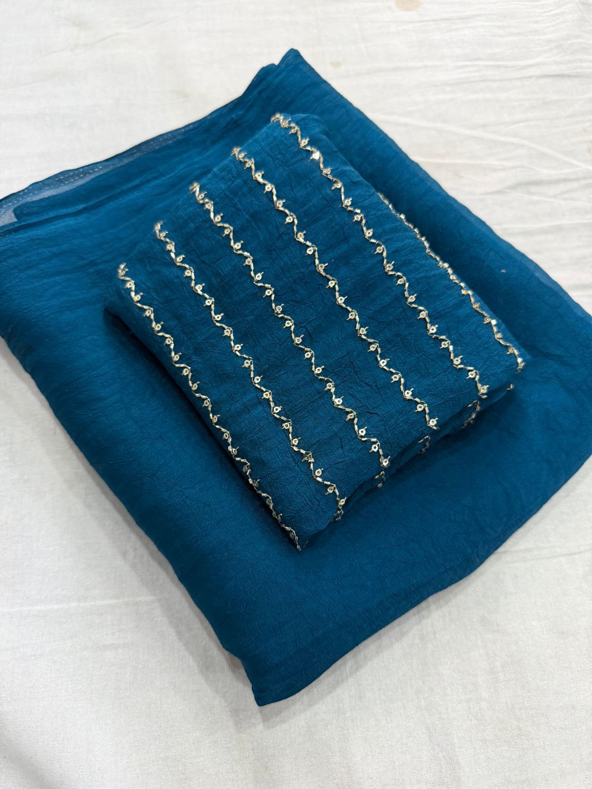 Petrol Blue Rangoli Crush Saree With Sequence Bits Blouse