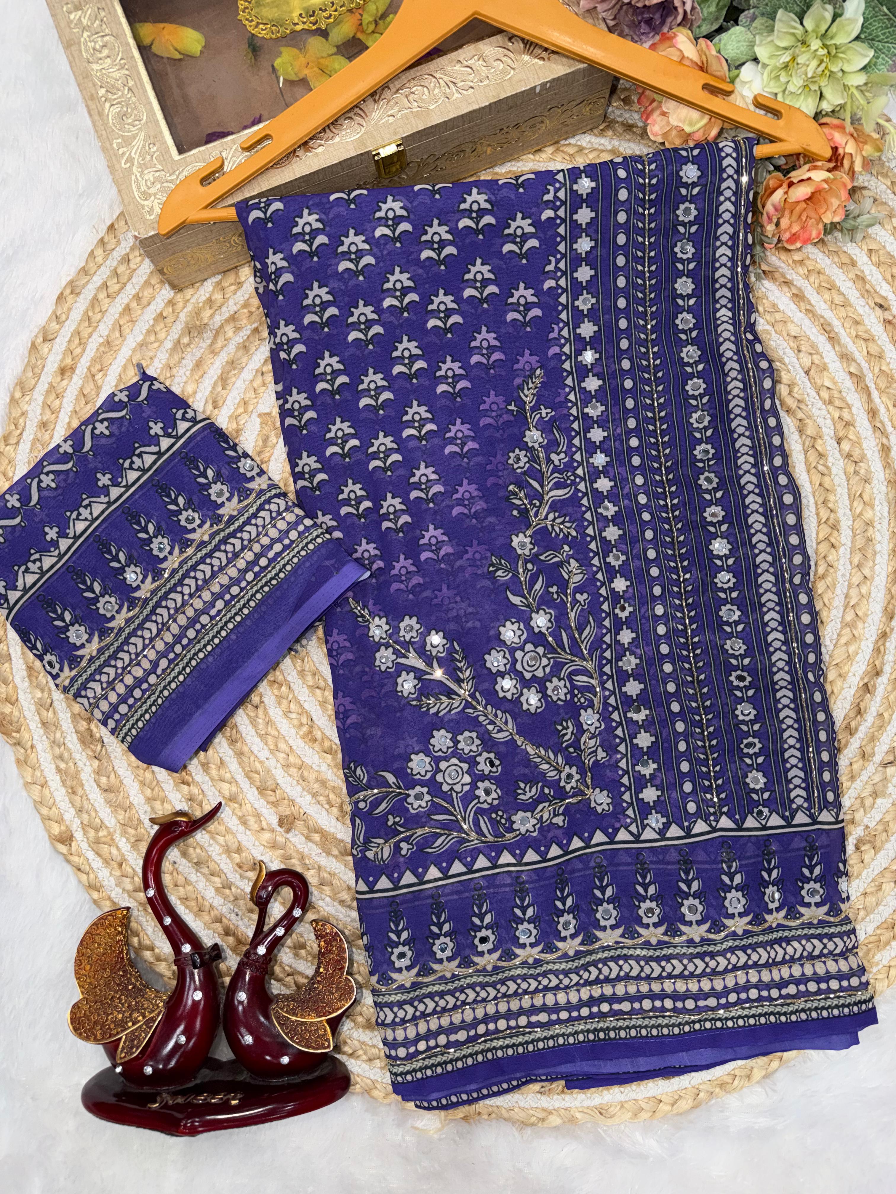 Navy Blue Soft Fox georgette with real mirror and hand work