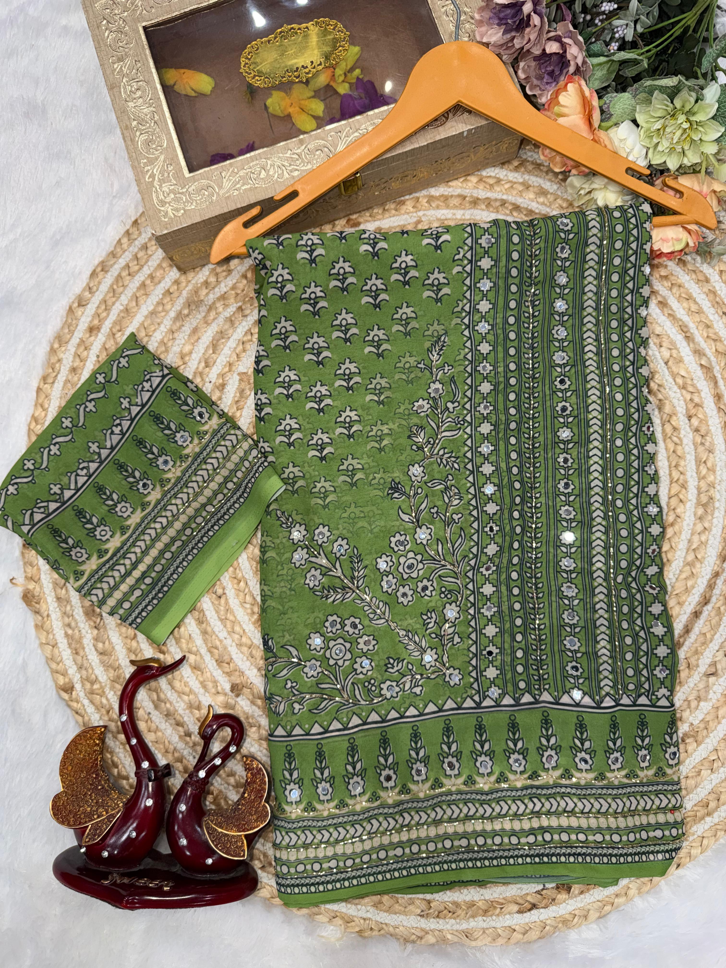 Light Green Soft Fox georgette with real mirror and hand work
