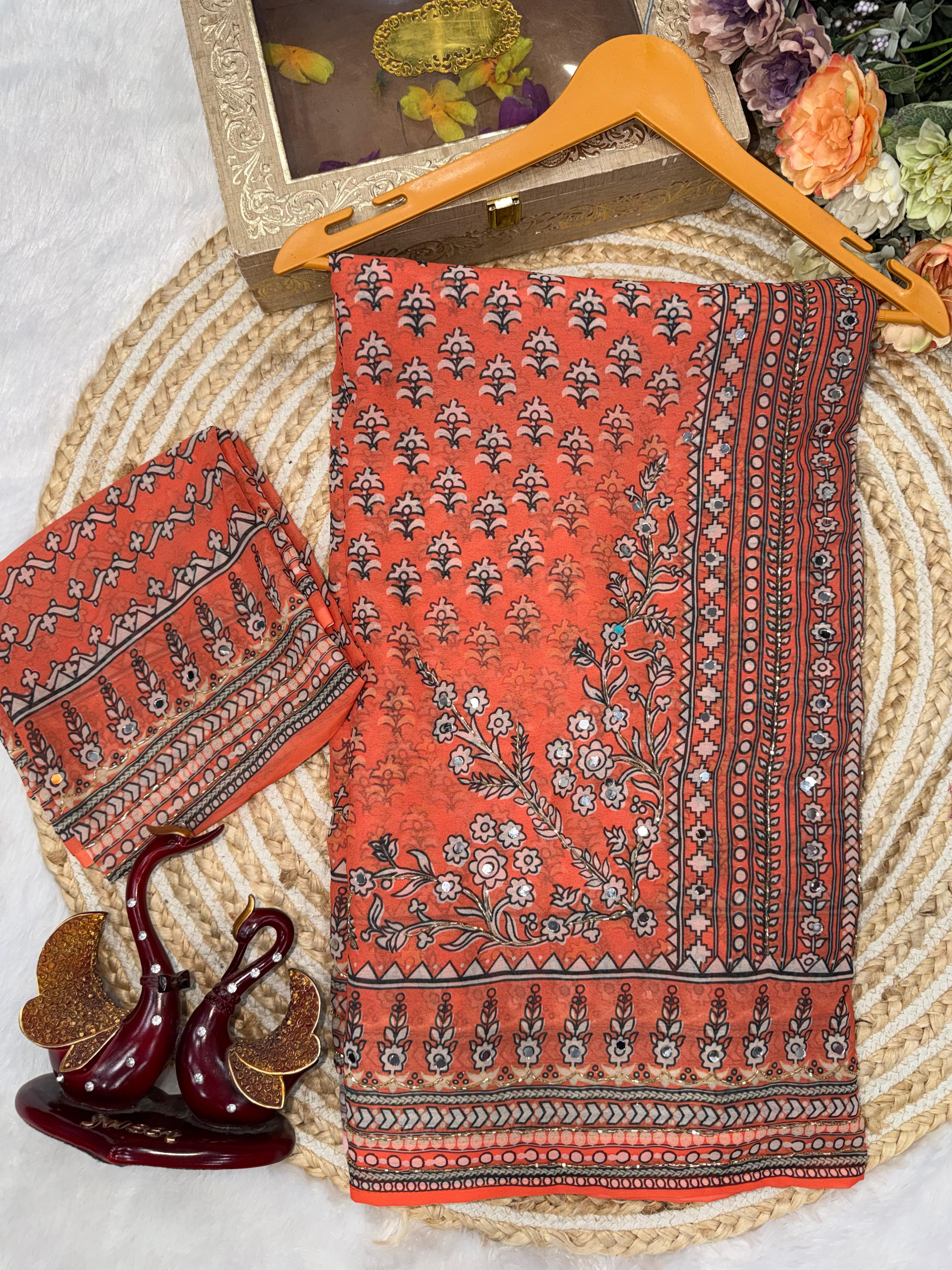 Orange Soft Fox georgette with real mirror and hand work