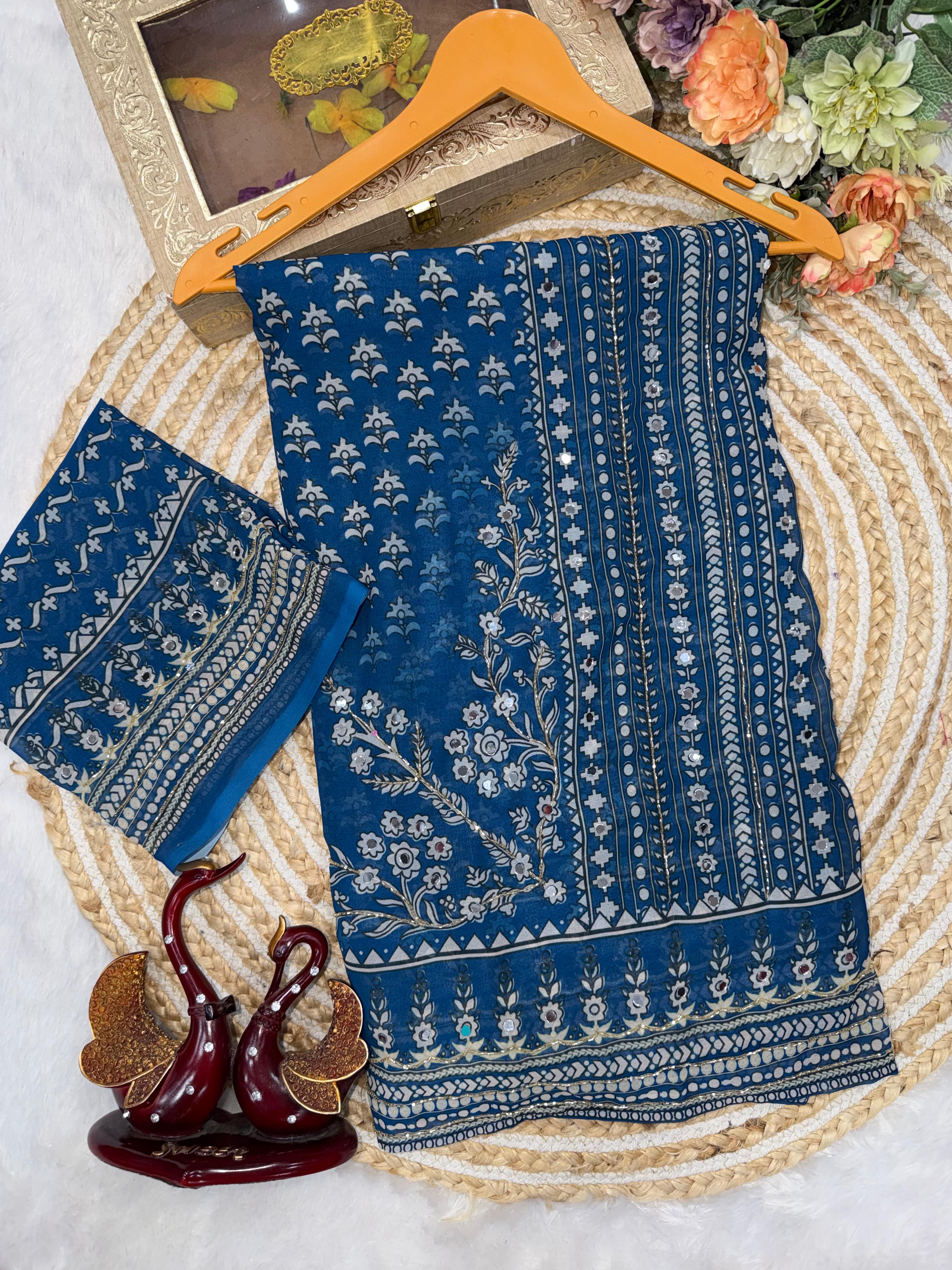 Petrol Blue Soft Fox georgette with real mirror and hand work