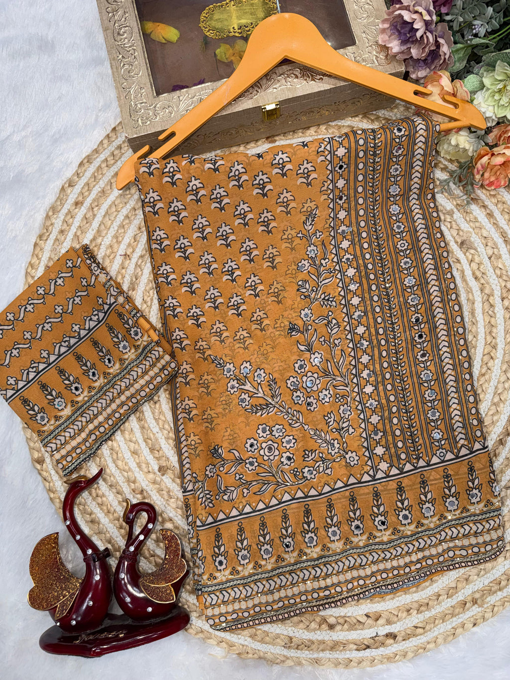 Yellow Soft Fox georgette with real mirror and hand work