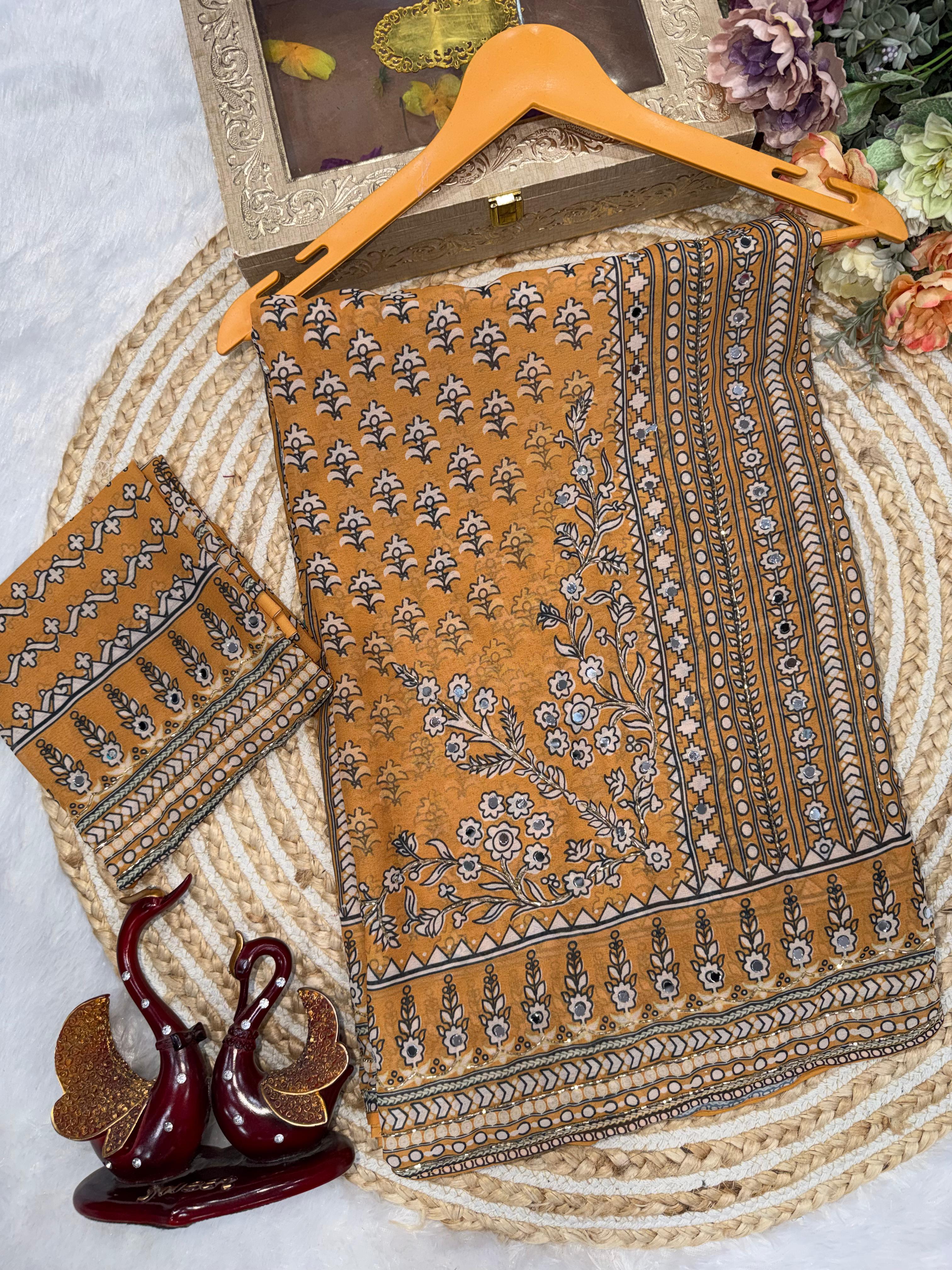 Yellow Soft Fox georgette with real mirror and hand work