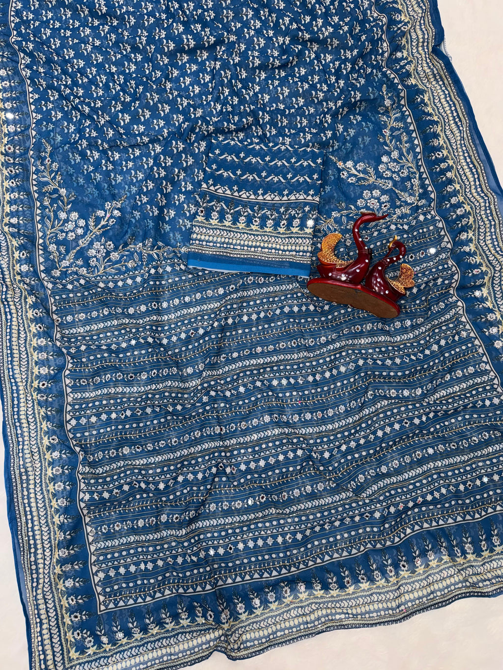 Petrol Blue Soft Fox georgette with real mirror and hand work