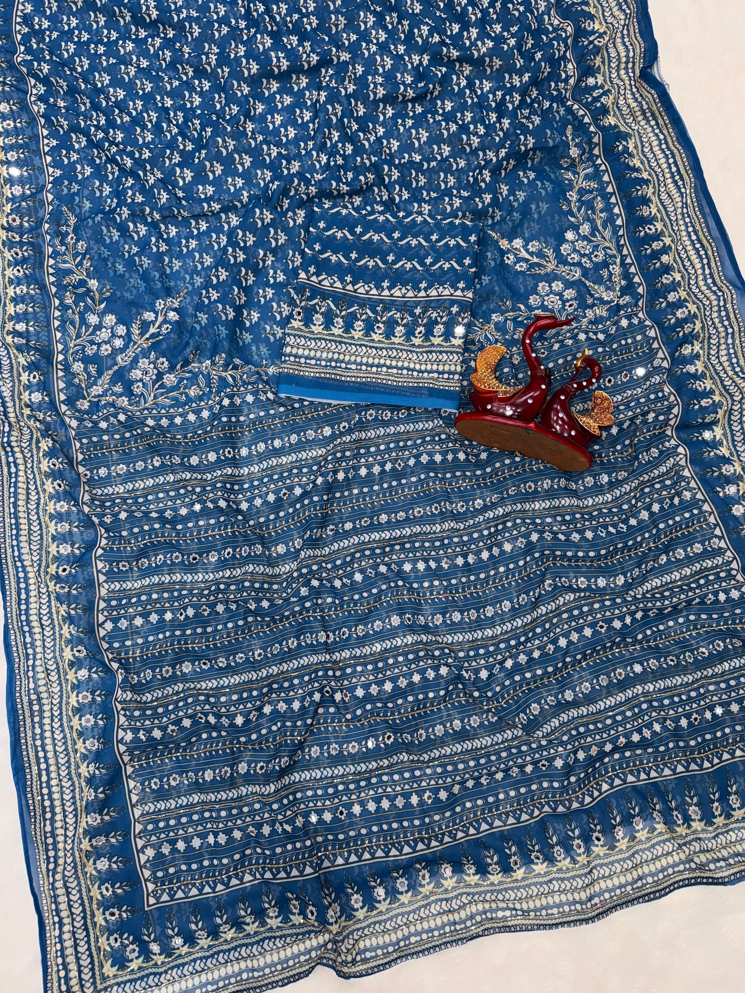 Petrol Blue Soft Fox georgette with real mirror and hand work