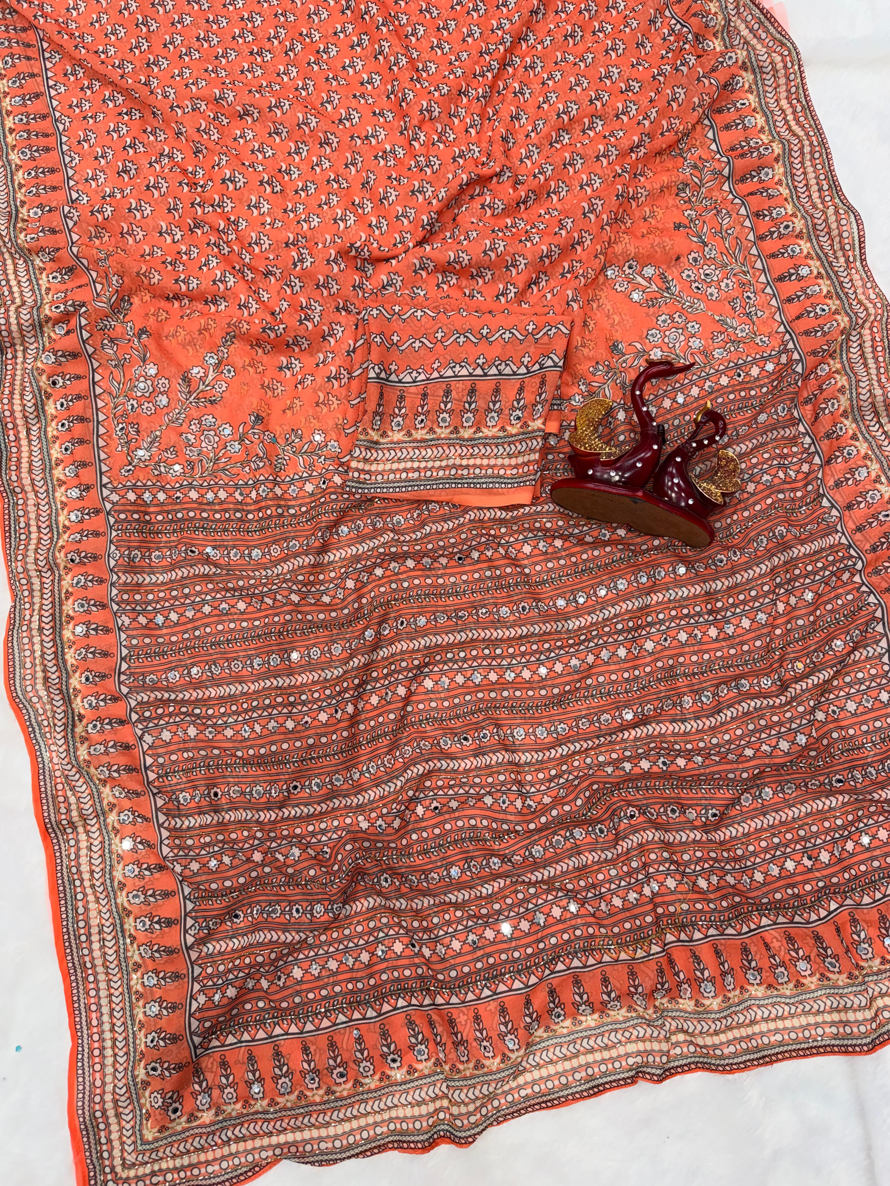 Orange Soft Fox georgette with real mirror and hand work