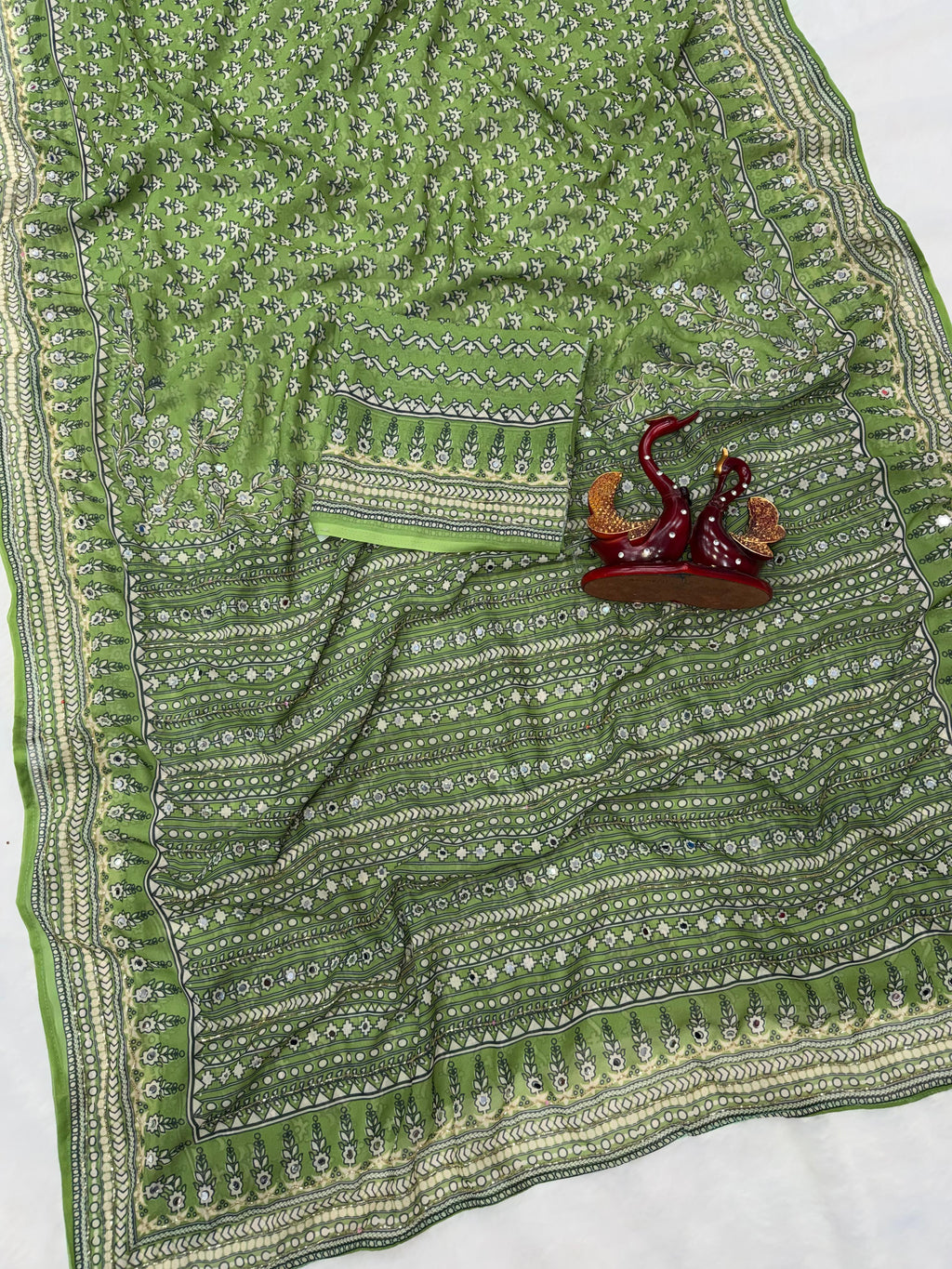 Light Green Soft Fox georgette with real mirror and hand work