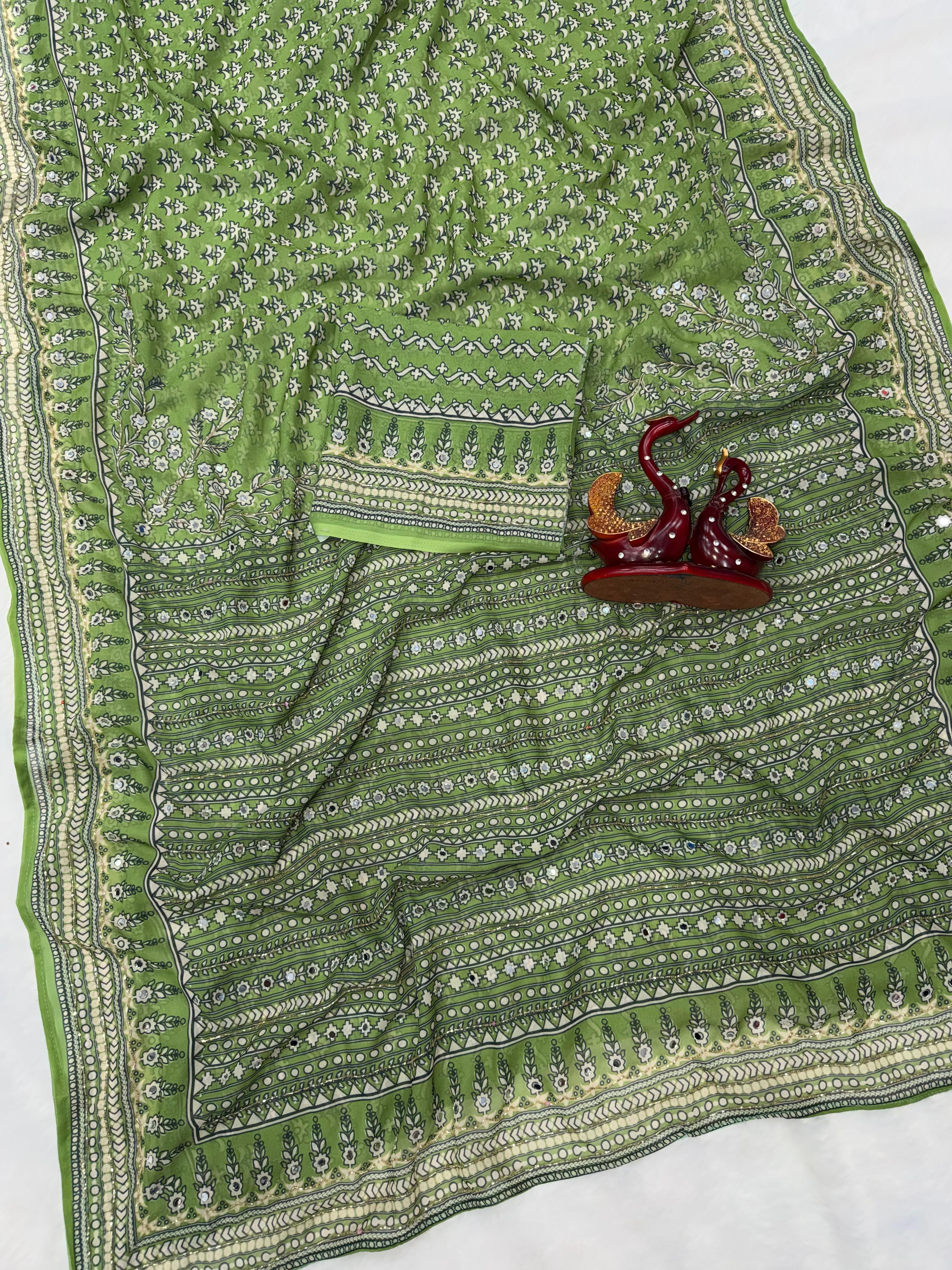 Light Green Soft Fox georgette with real mirror and hand work