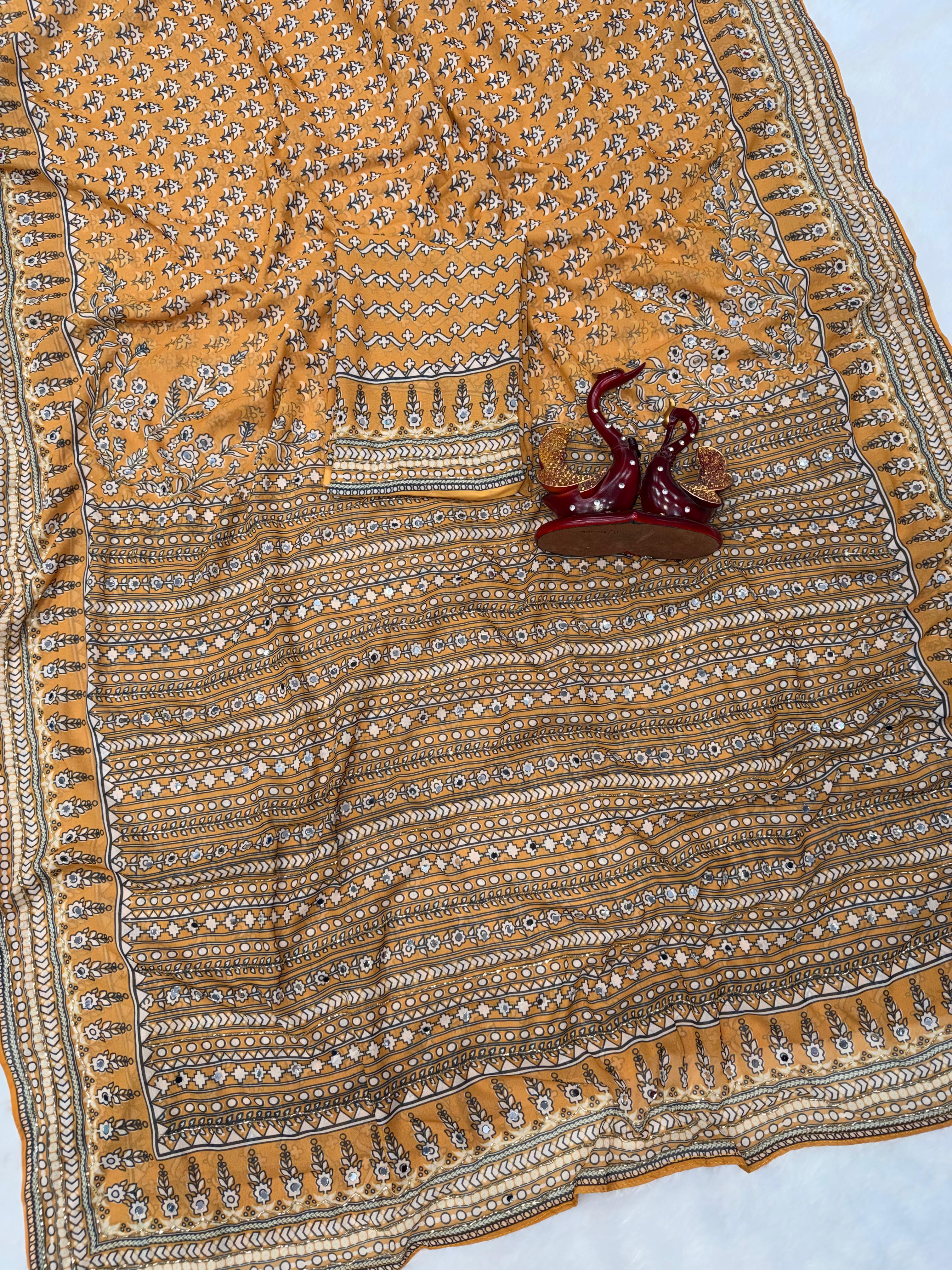 Yellow Soft Fox georgette with real mirror and hand work