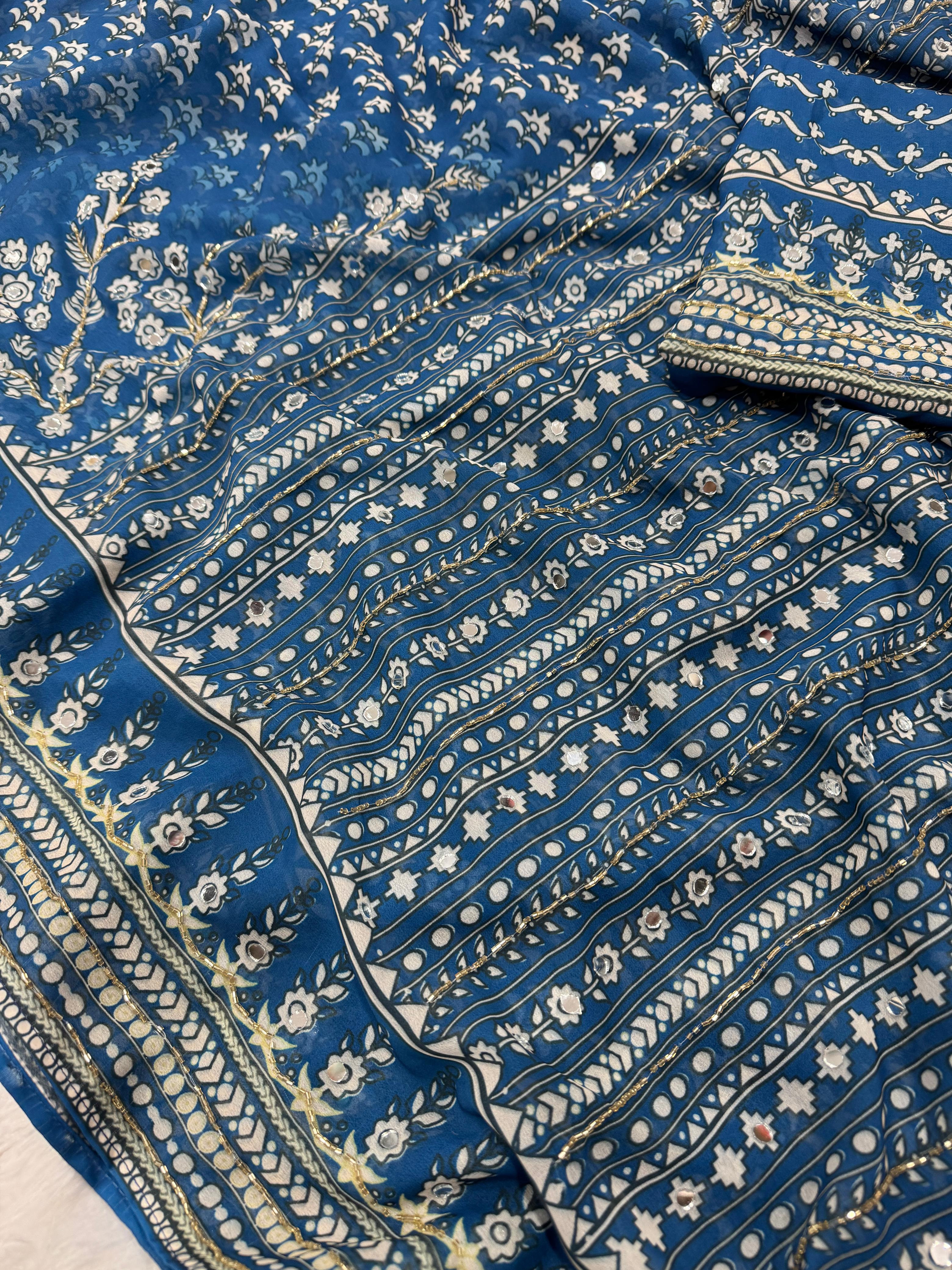 Petrol Blue Soft Fox georgette with real mirror and hand work