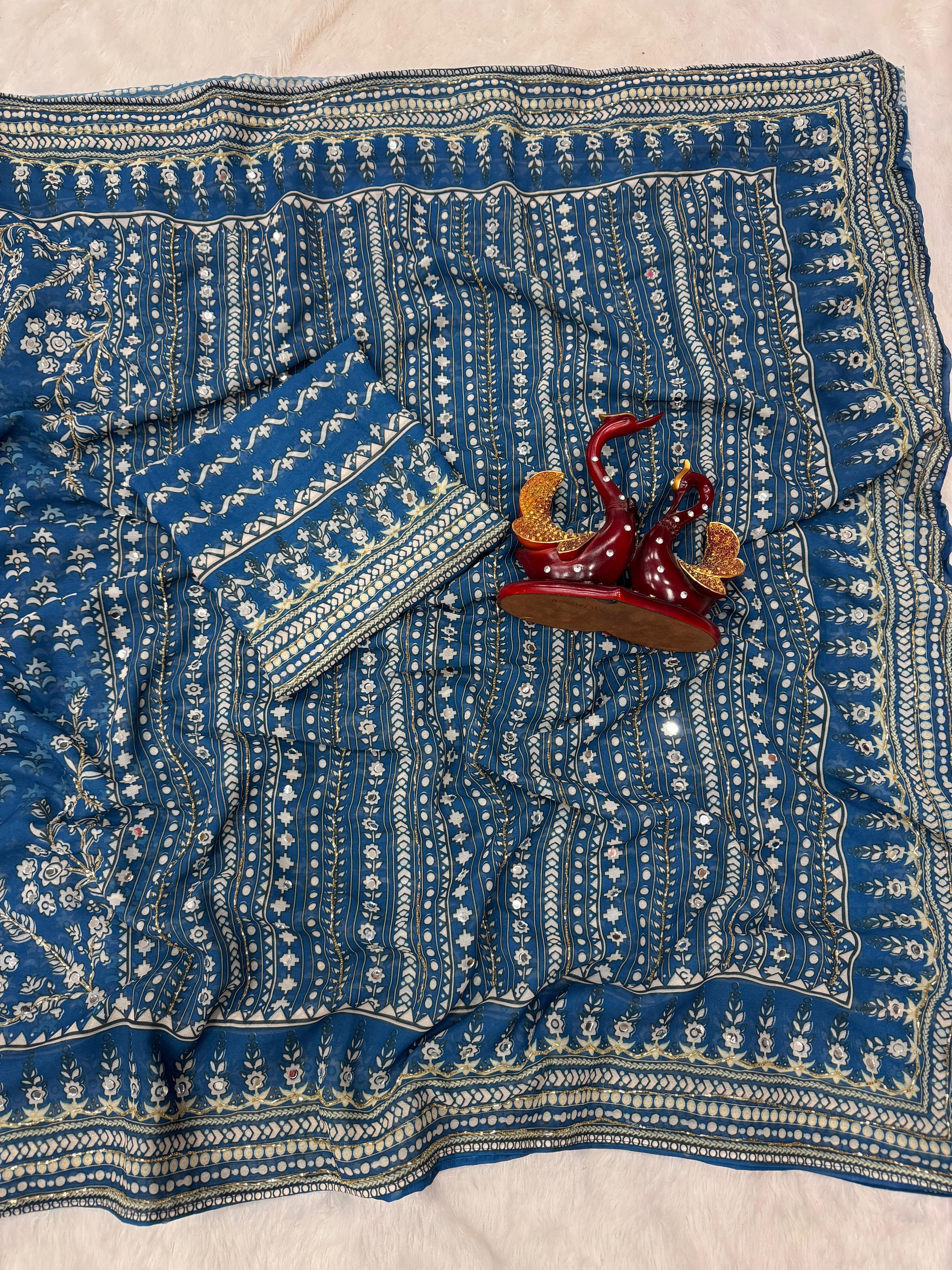 Petrol Blue Soft Fox georgette with real mirror and hand work