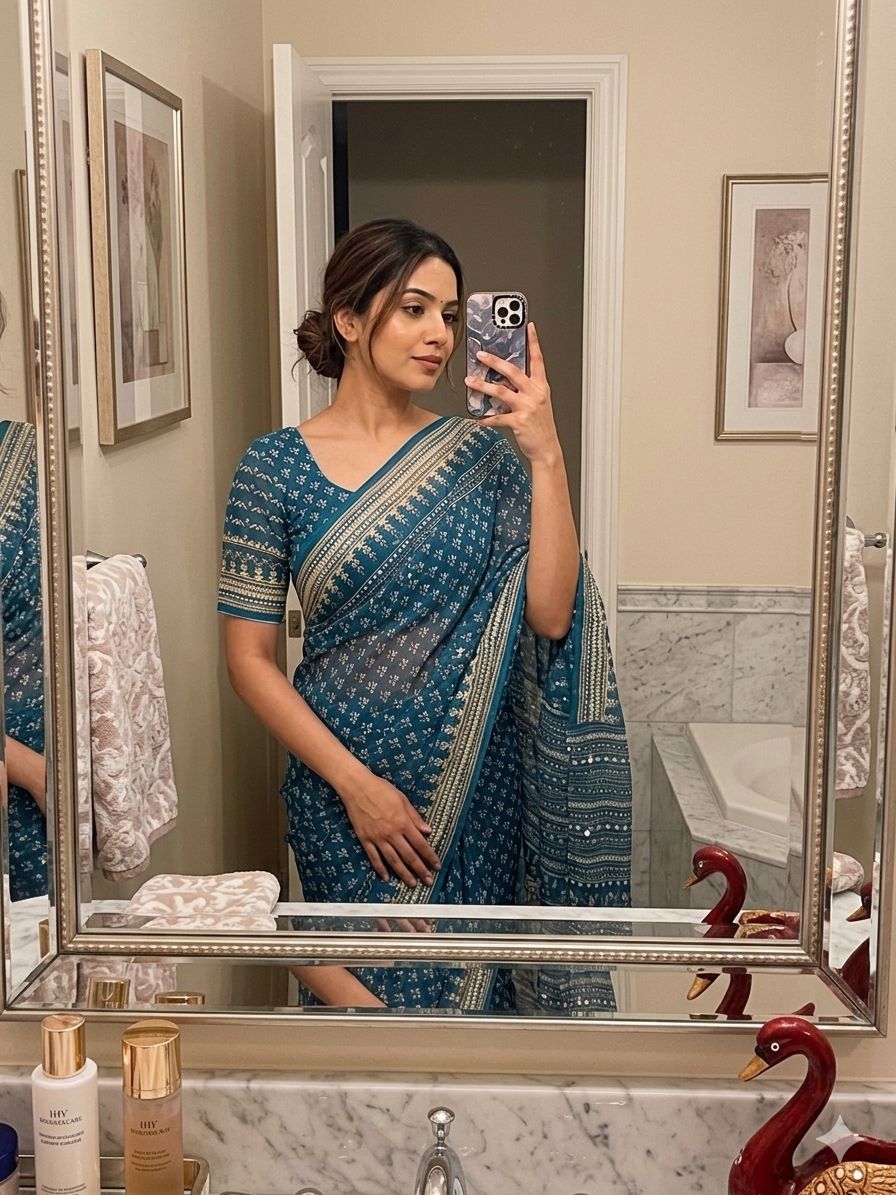 Petrol Blue Soft Fox georgette with real mirror and hand work