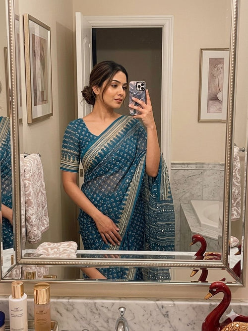 Petrol Blue Soft Fox georgette with real mirror and hand work