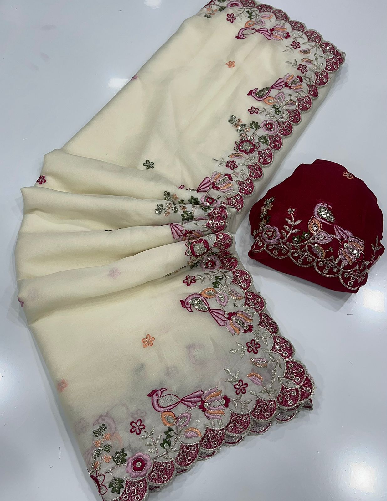 Off-White Star Georgette saree with Heavy sequins embroidery work