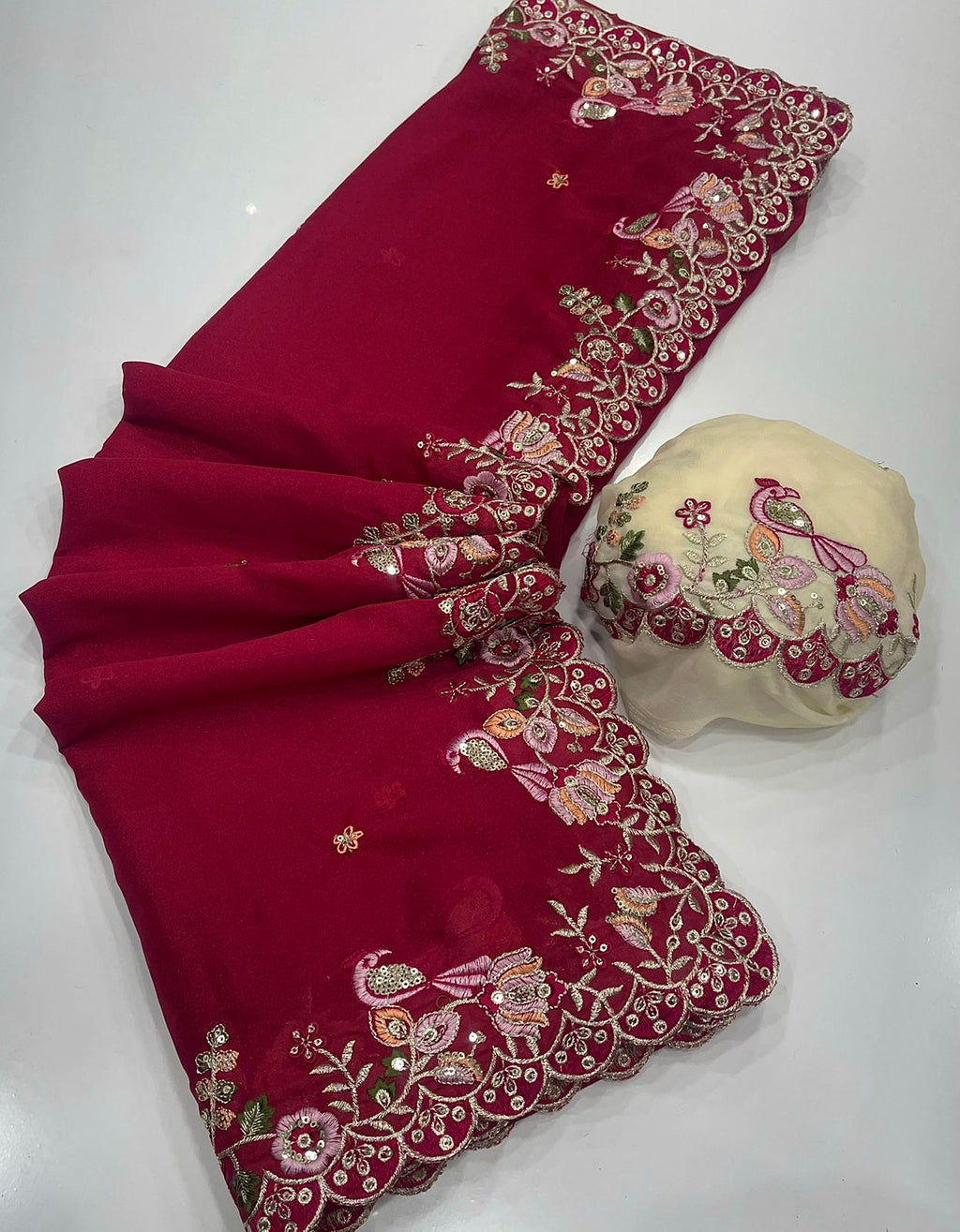 Rani Star Georgette saree with Heavy sequins embroidery work