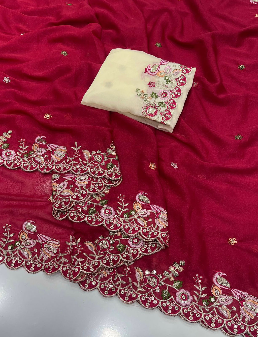 Rani Star Georgette saree with Heavy sequins embroidery work