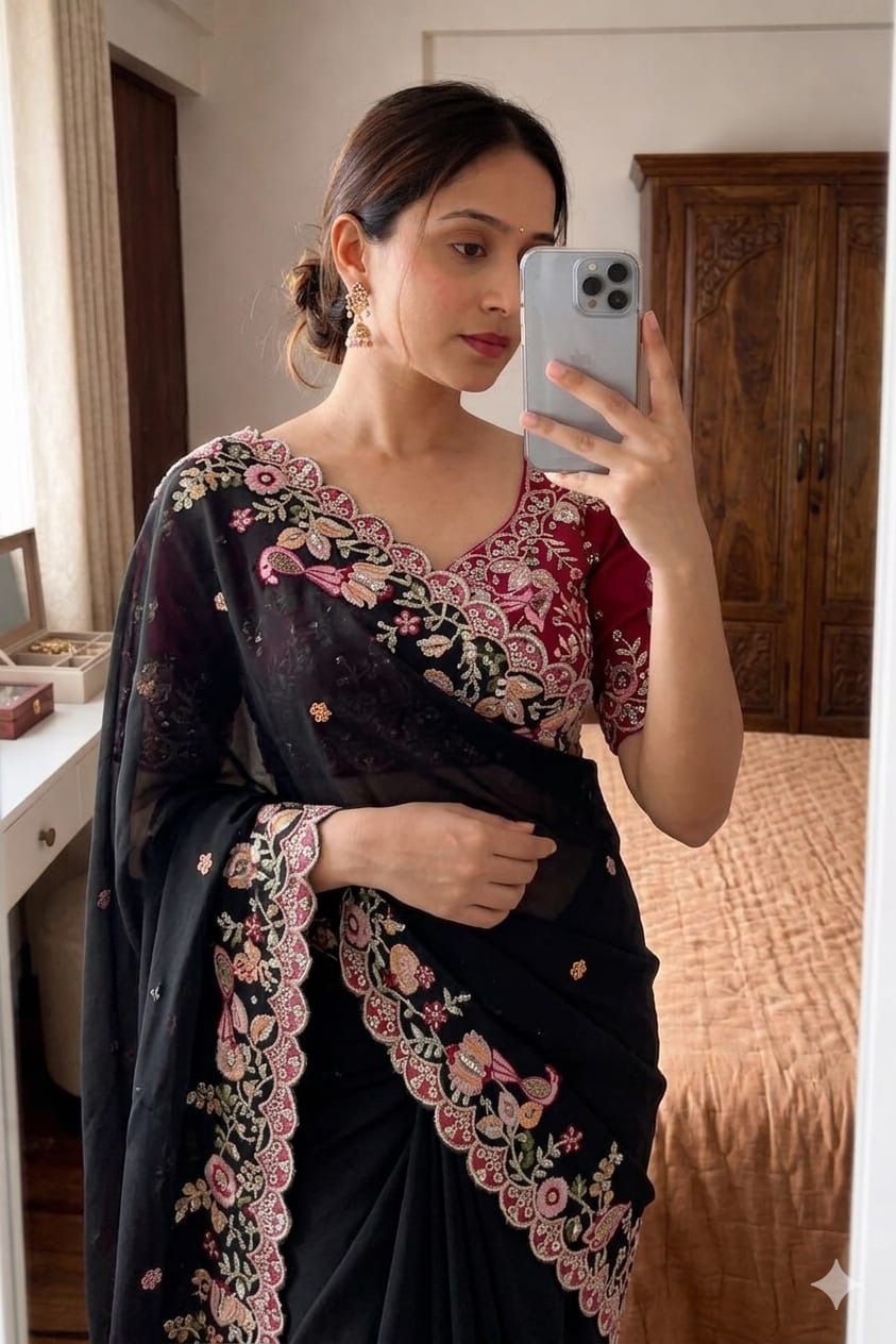 Black Star Georgette saree with Heavy sequins embroidery work