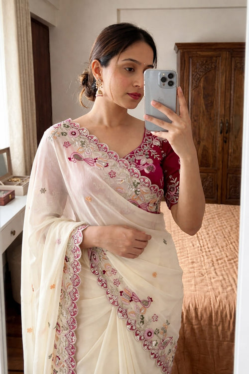 Off-White Star Georgette saree with Heavy sequins embroidery work