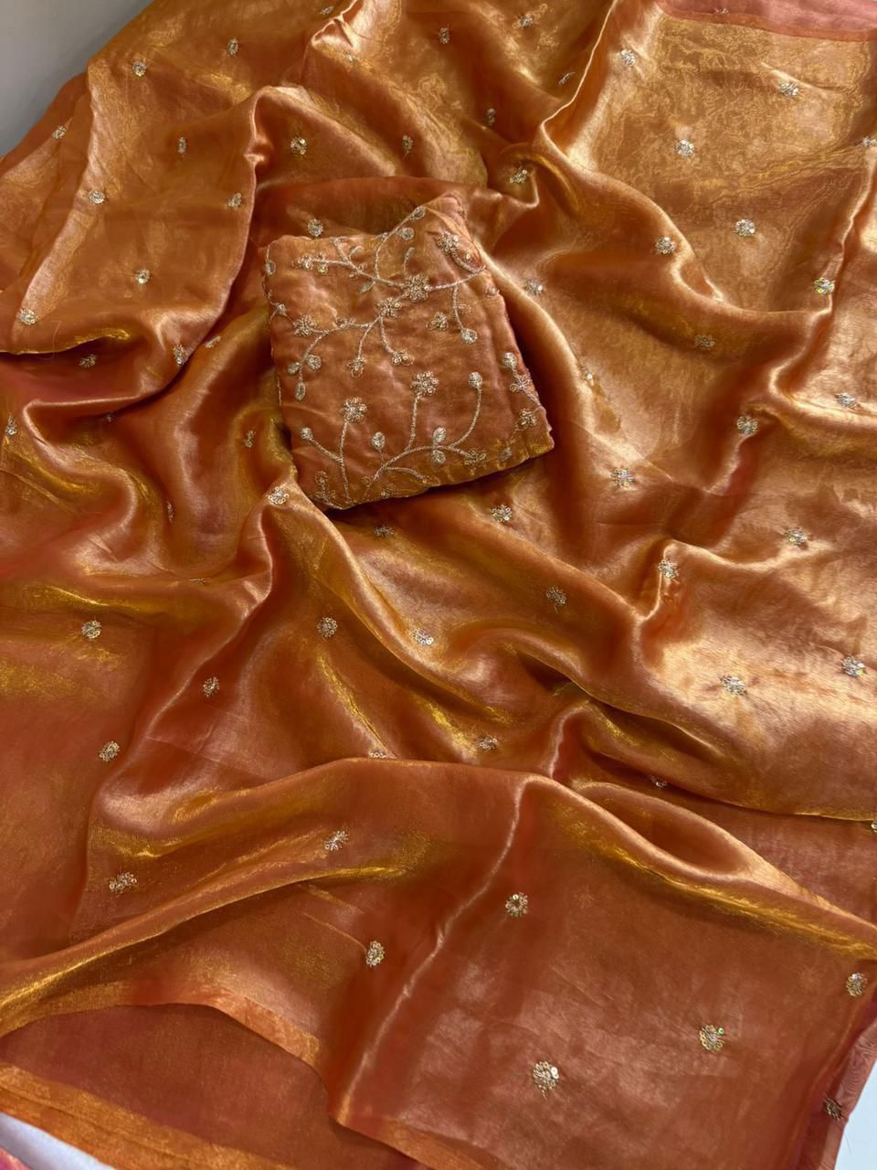 Orange Space Silk Sequence Worked Saree