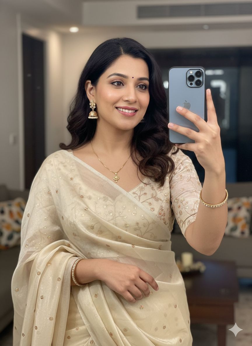 Off-White Space Silk Sequence Worked Saree