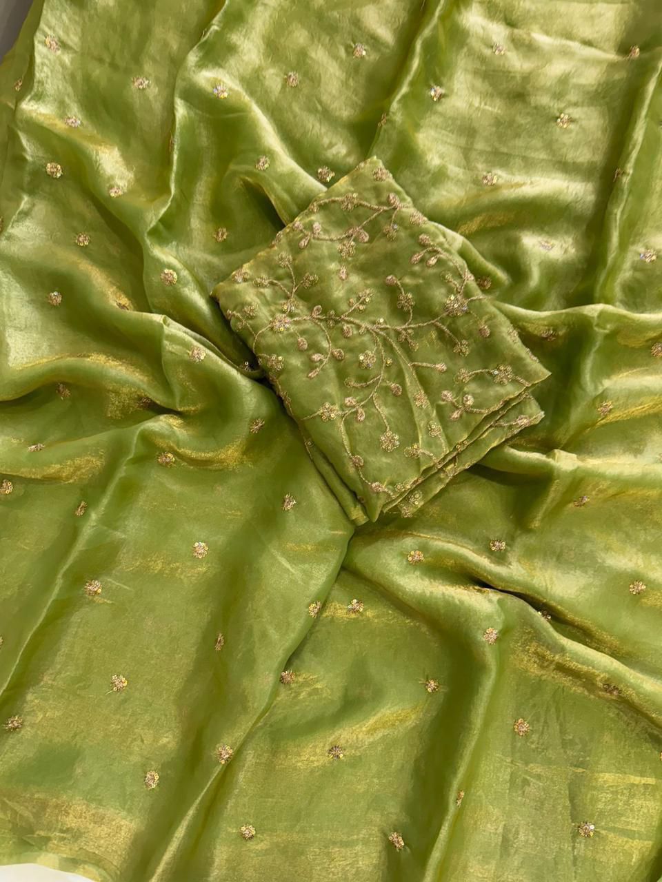 Lime Green Space Silk Sequence Worked Saree