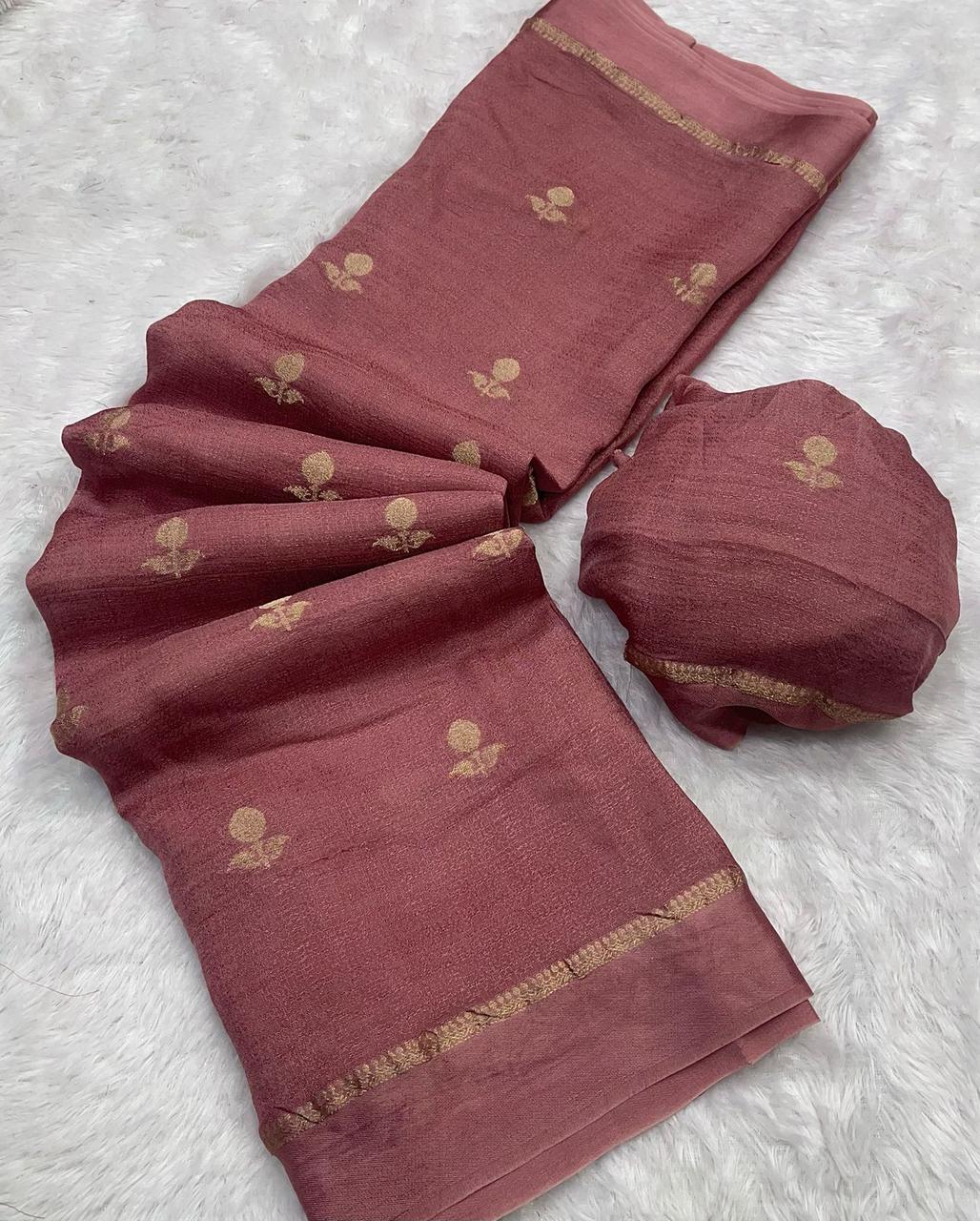 Rose Gold Pure soft Viscose Khadi silk fabric saree