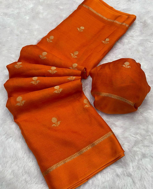 Orange Pure soft Viscose Khadi silk fabric saree