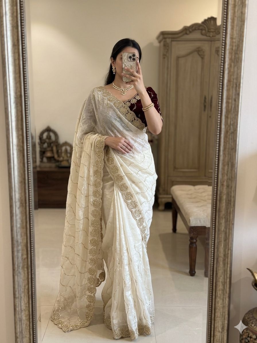 Off-White Space Silk Bits Sequence Work Saree