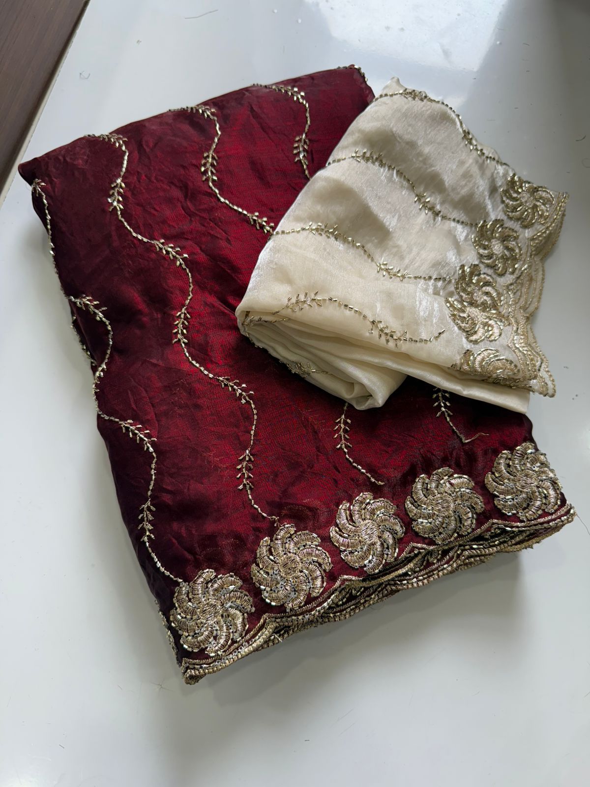 Maroon Space Silk Bits Sequence Work Saree