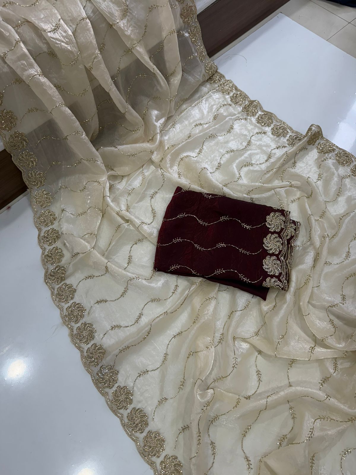 Off-White Space Silk Bits Sequence Work Saree