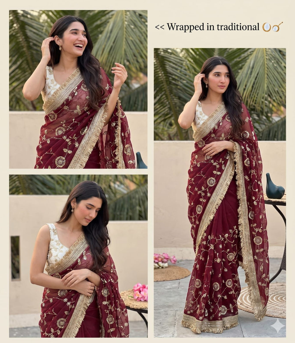 Maroon Space Silk Saree with Bits Sequence Work & Contrast Blouse