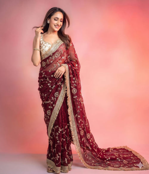 Maroon Space Silk Saree with Bits Sequence Work & Contrast Blouse