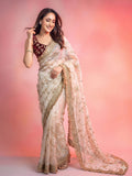 Off-White Space Silk Saree with Bits Sequence Work & Contrast Blouse