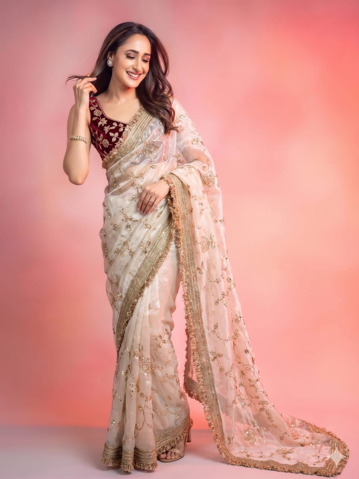 Off-White Space Silk Saree with Bits Sequence Work & Contrast Blouse